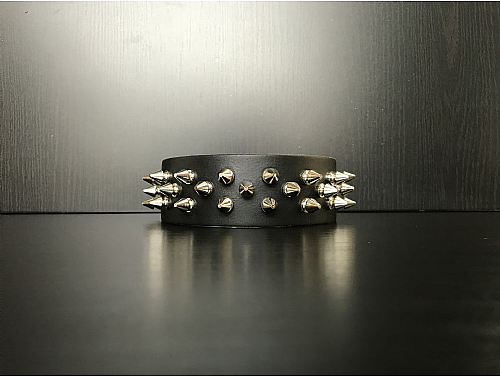Black/3 Spike Studs - Leather Dog Collar - Size M
